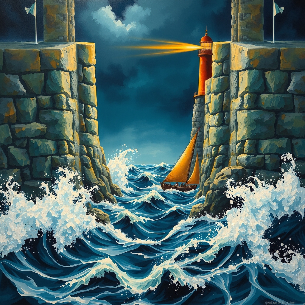A small sailboat with golden sails passing through the gap in a great stone breakwater