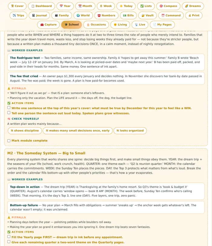 The planner's School tab — Planner School, the master course