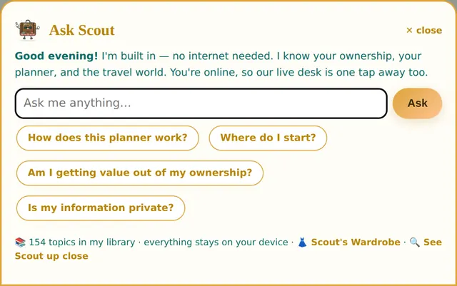 Ask Scout — the panel as it opens, with its four starter questions