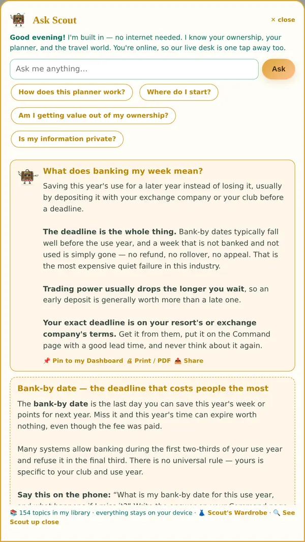 Scout answering: what does banking my week mean?